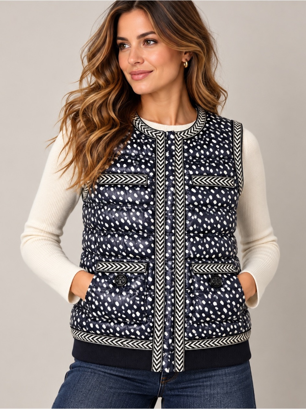 Tory Burch Womens Quilted Down Puffer Vest 0 Navy Preppy Heritage Quiet Luxury